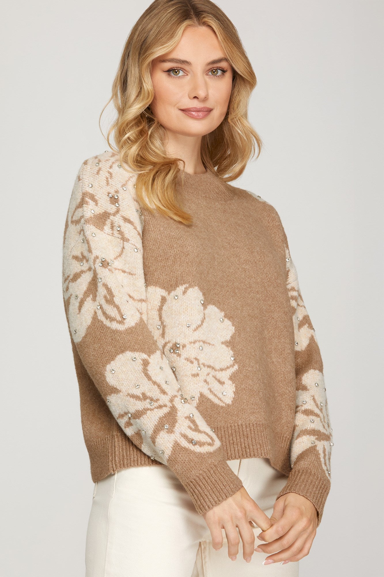 Mocha Floral Rhinestone Swewater