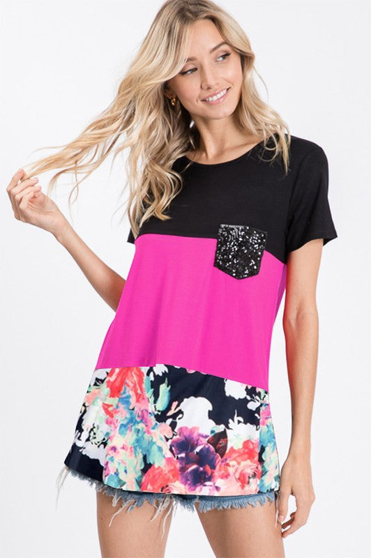 Color Block Sequin Pocket Top