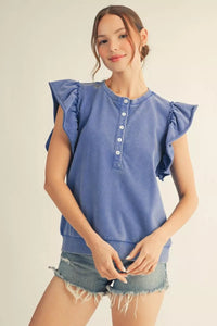 Blue Flutter Sleeve Washed Top