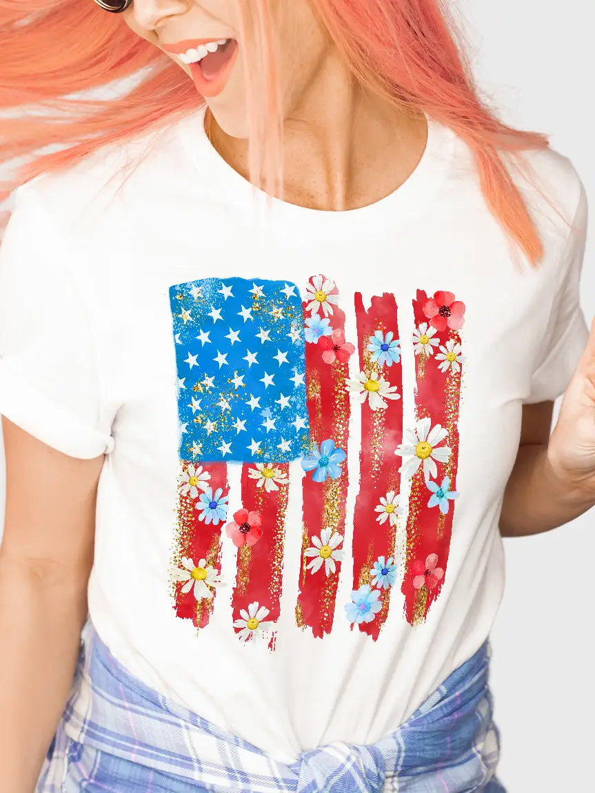 American Flag Flowers Bling Tee