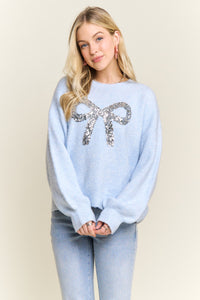 Blue Sequin Bow Sweater