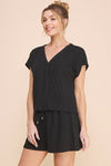 Black Pinstripe Linen Top