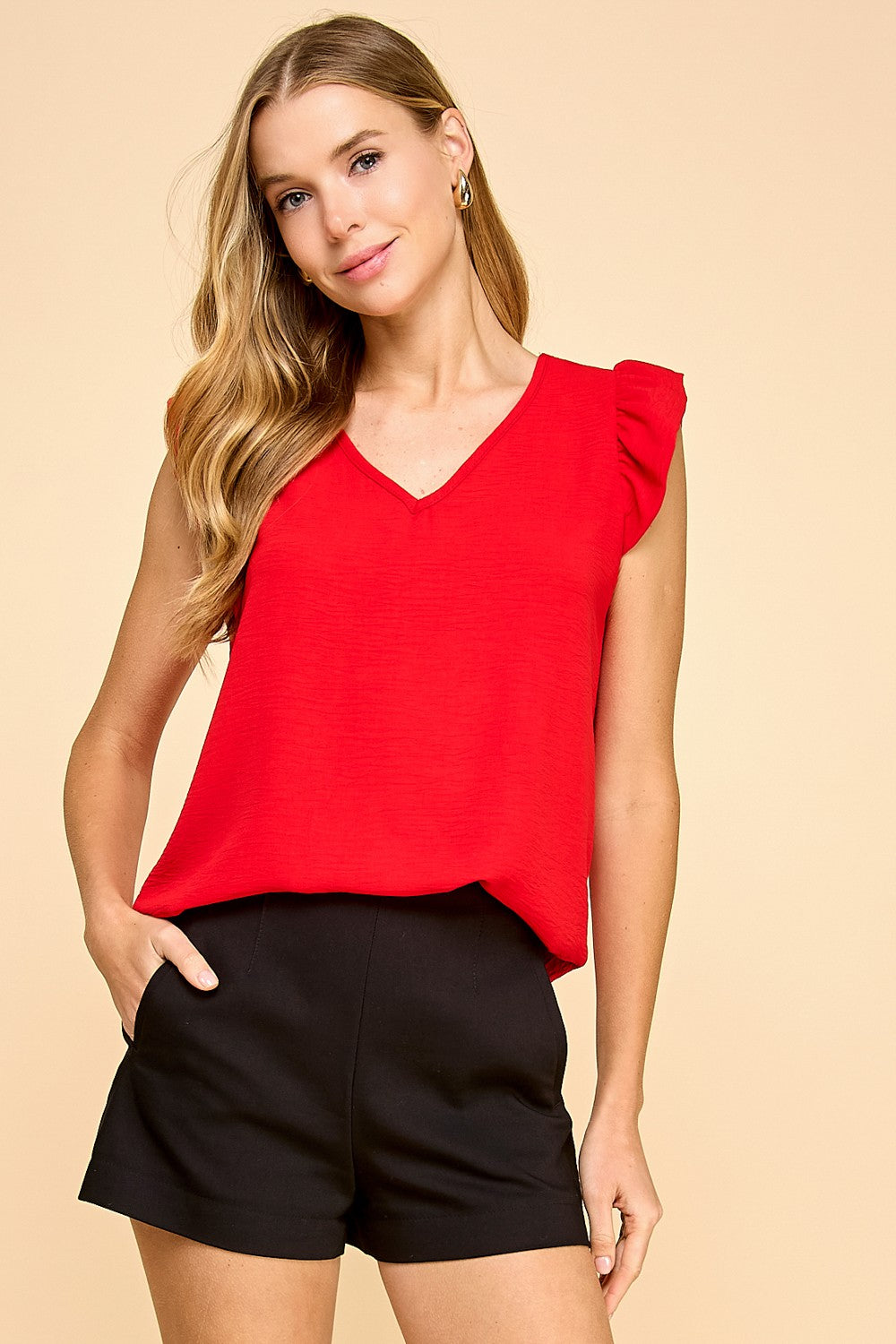 Red V-Neck Ruffle Sleeve