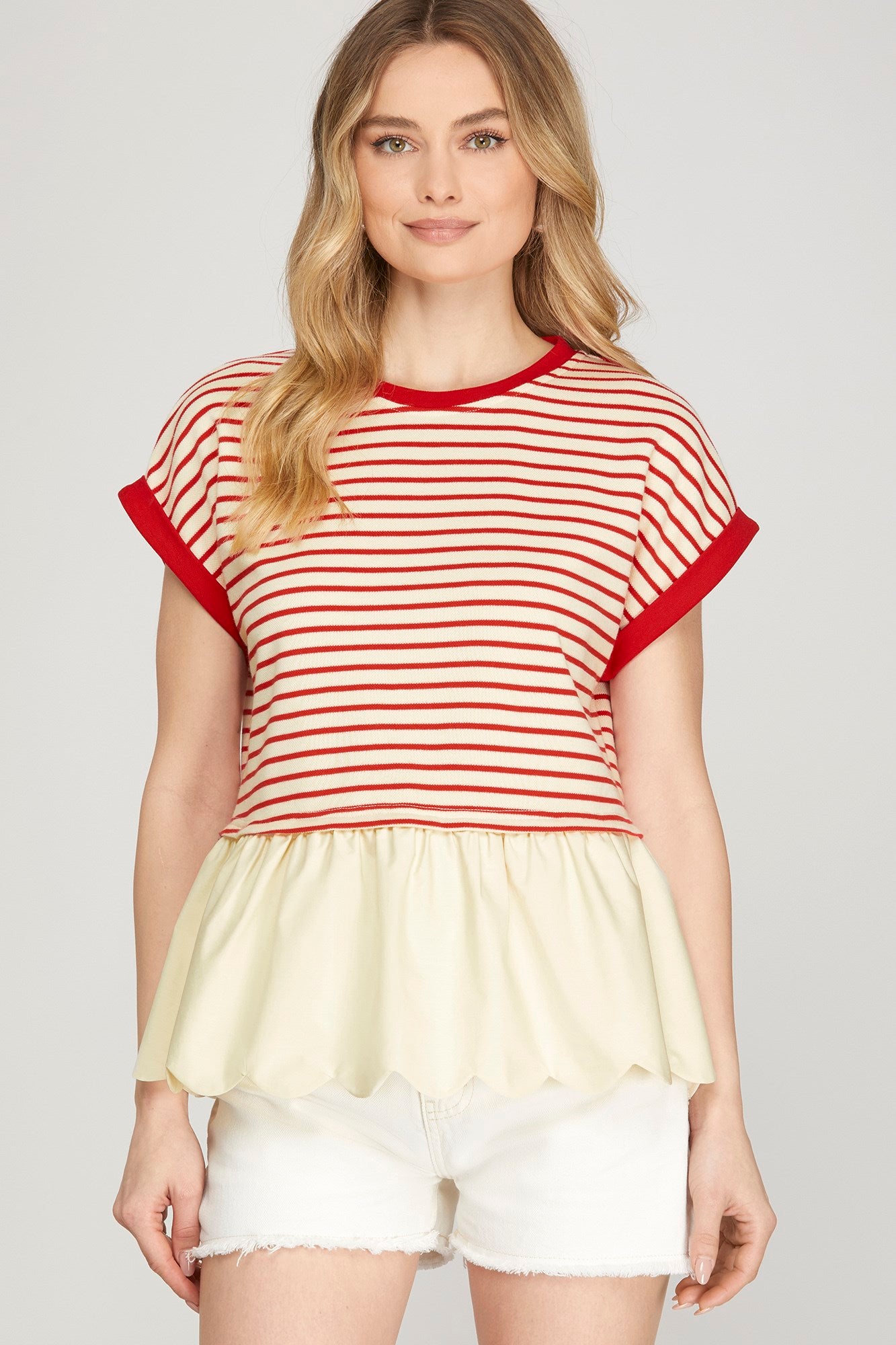 Red Stripe Scallop Top