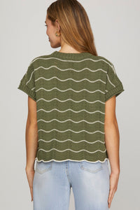 Olive Scallop & Stripe Sweater