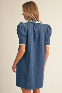 Denim & Leopard Puff Sleeve Dress
