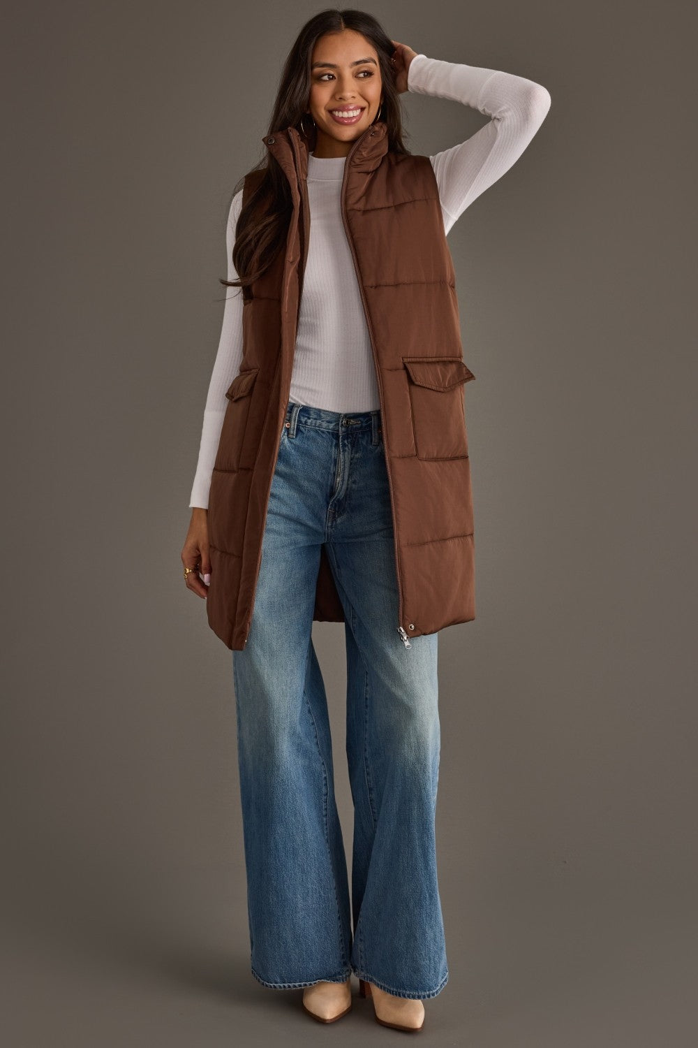 Brown Long Puffer Vest