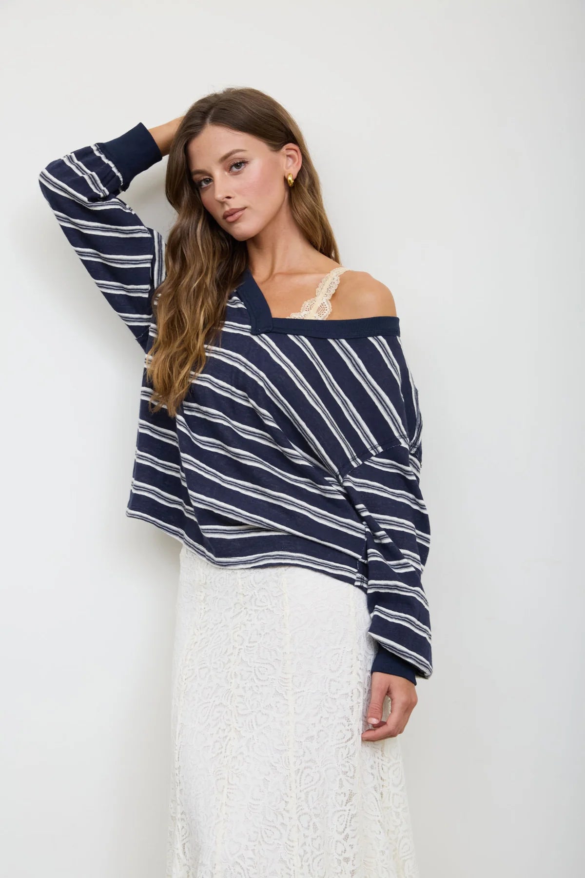 Navy Stripe V-Neck Drop Shoulder