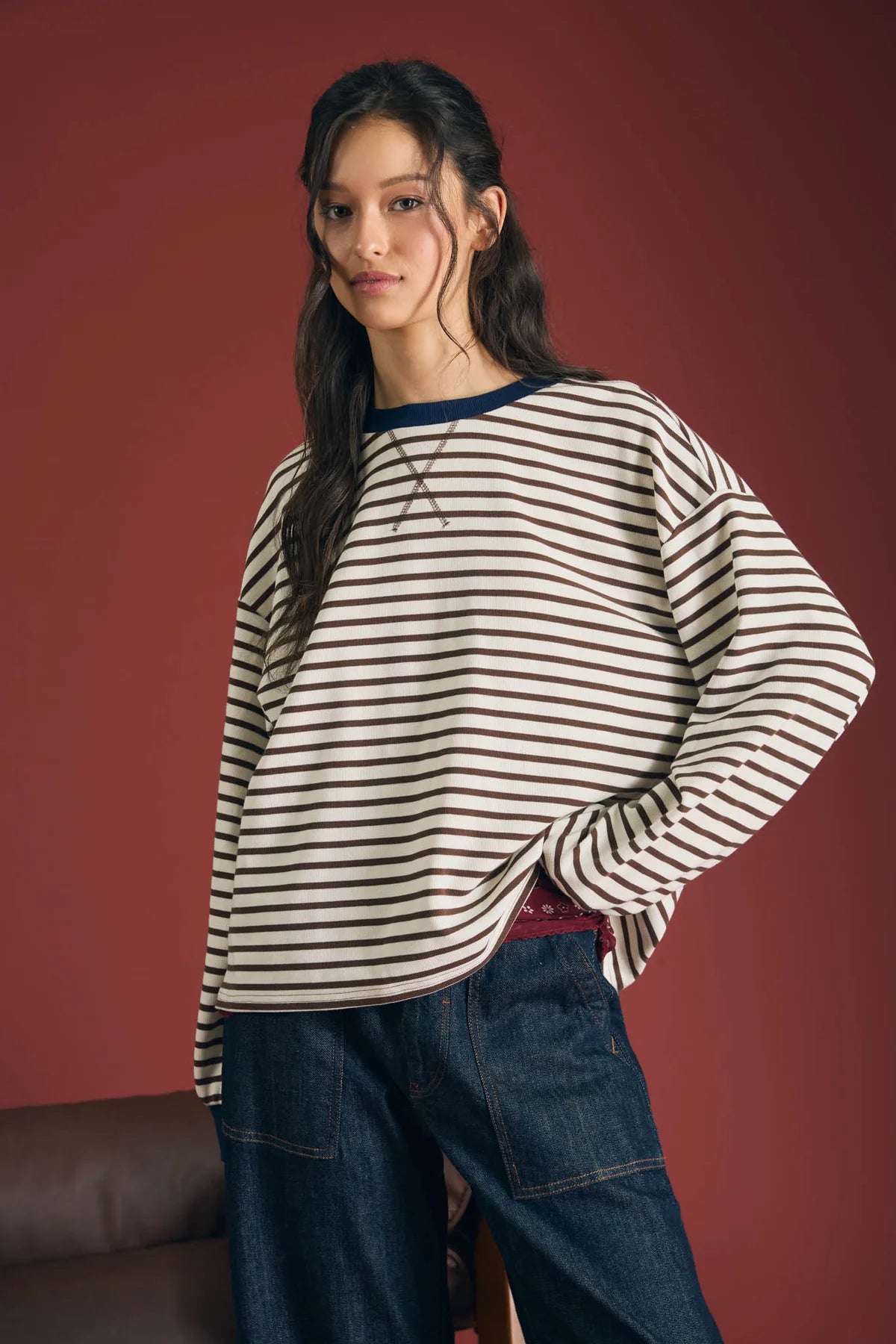 Brown Stripe Contrast Crew