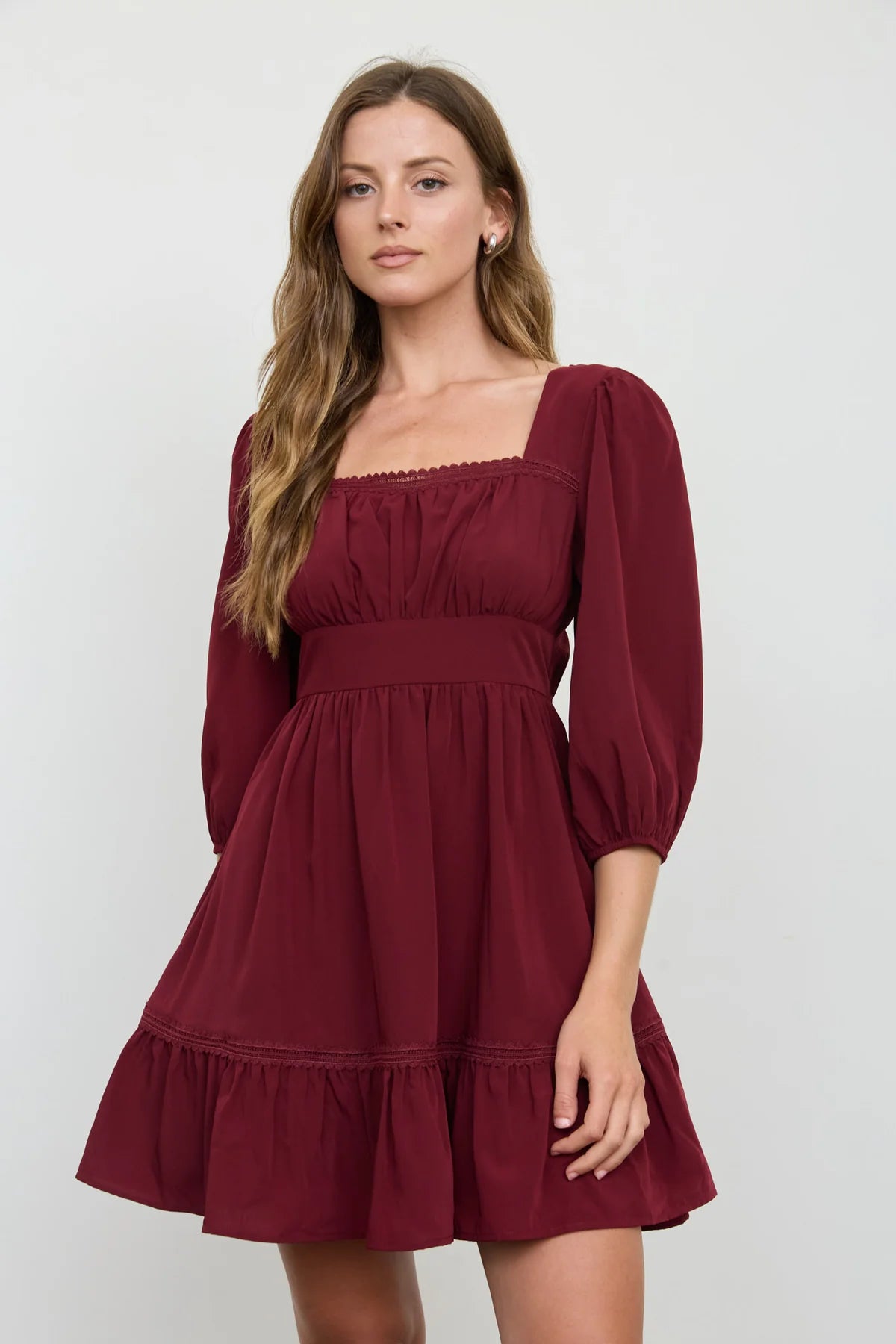 Burgundy Lace Trim Mini Dress