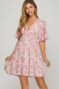 Pink Floral Plunge Neck Dress