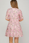 Pink Floral Plunge Neck Dress