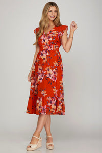 Red Floral Chiffon Midi