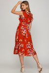 Red Floral Chiffon Midi