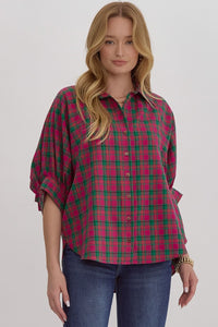 Magenta Plaid Button Down