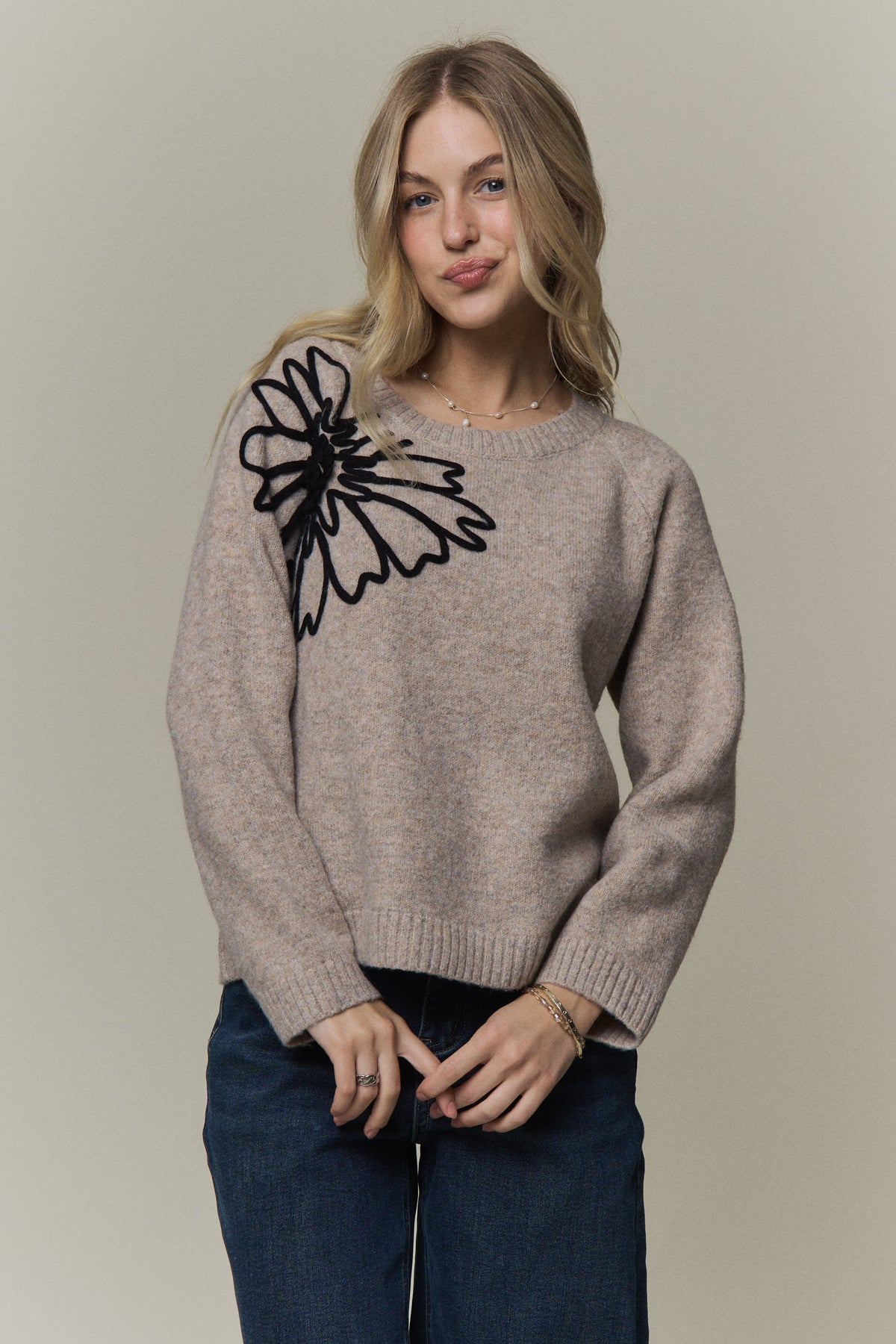 Taupe Floral Applique Sweater