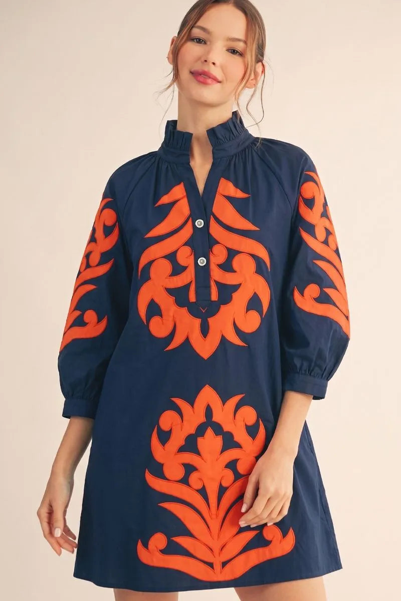 Navy Baroque Floral Dress