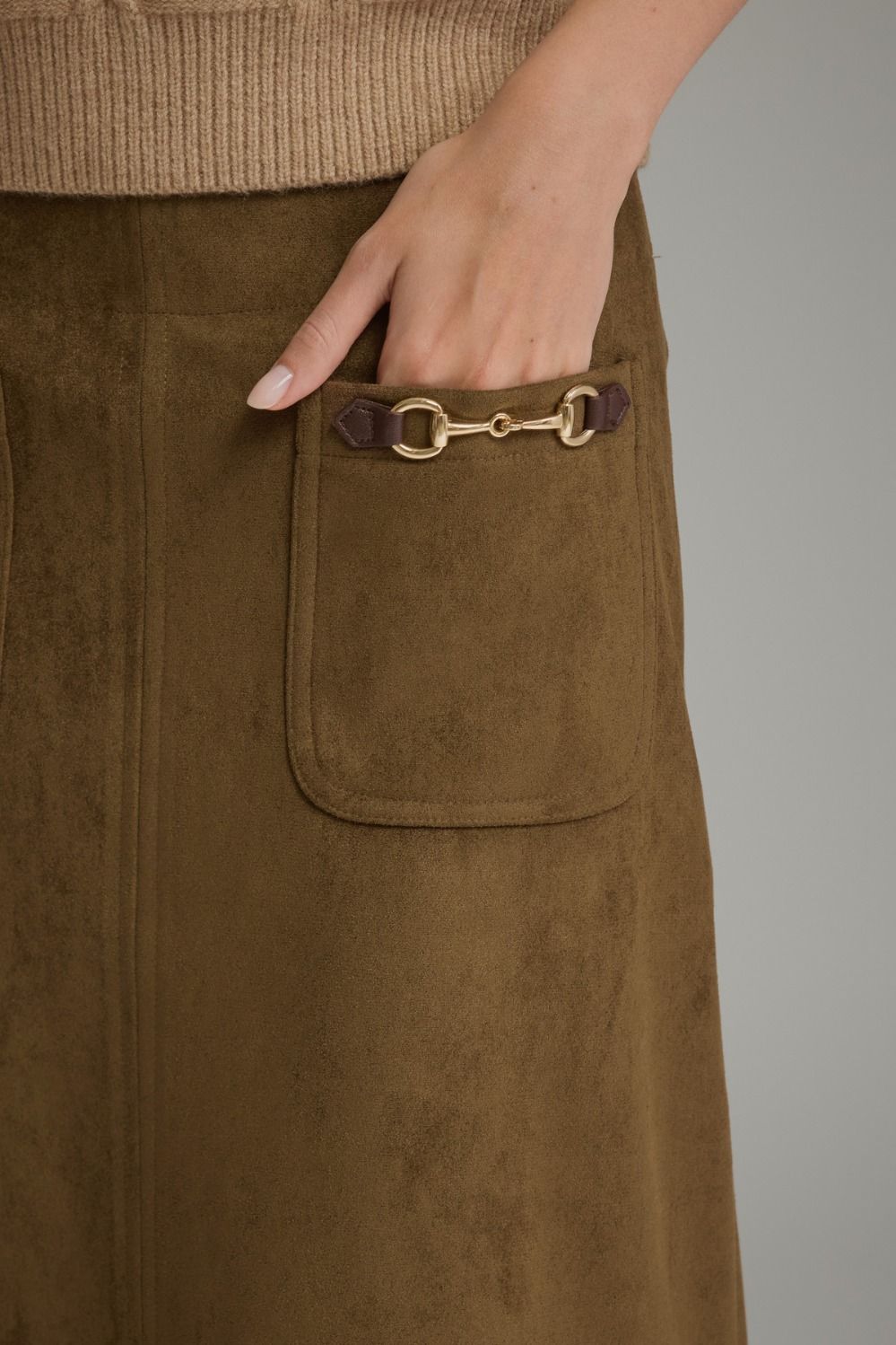 Suede Buckle Midi Skirt