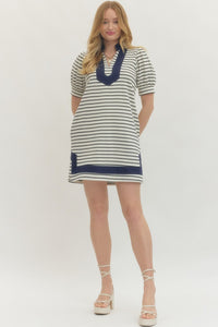 Navy Stripe Puff Sleeve Dress