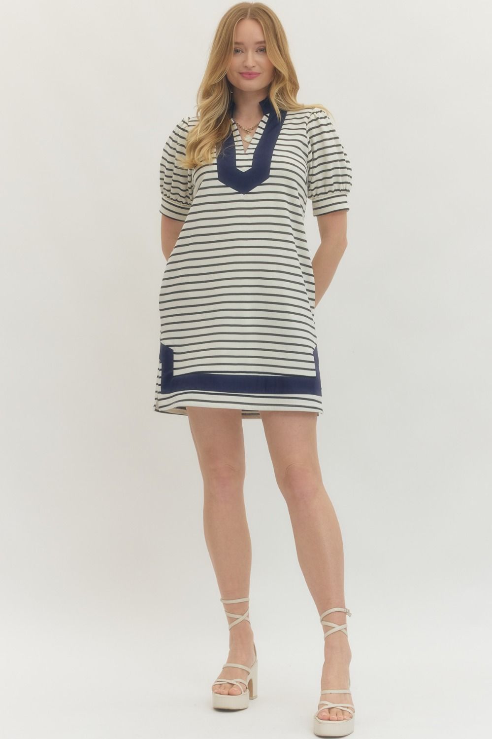 Navy Stripe Puff Sleeve Dress