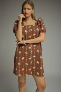 Brown Floral Square Neck Dress