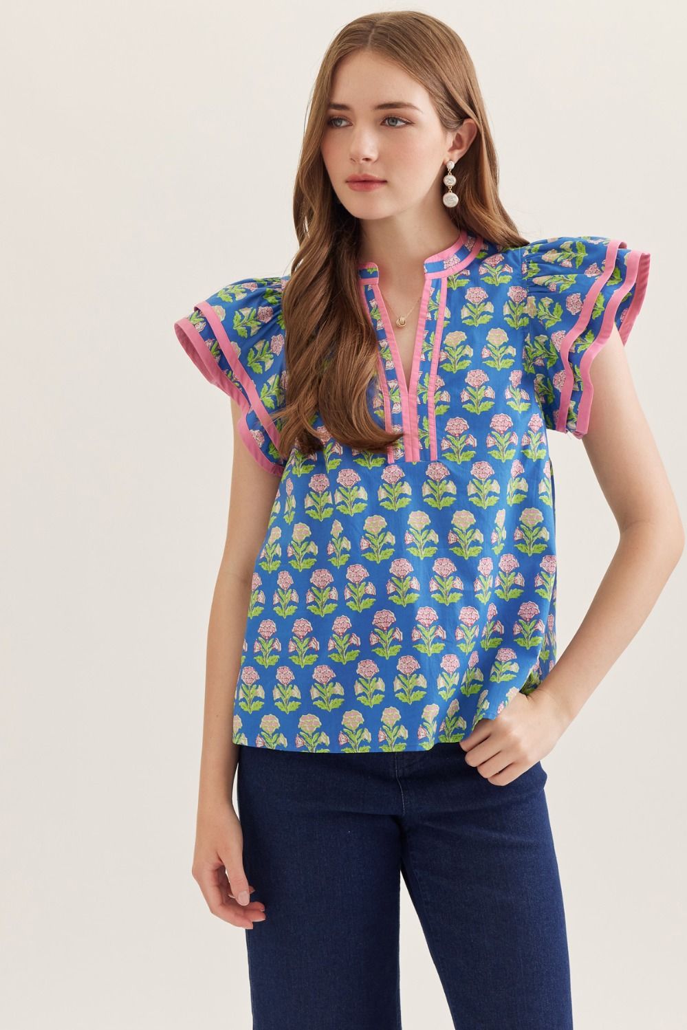 Blue Floral Flutter Sleeve