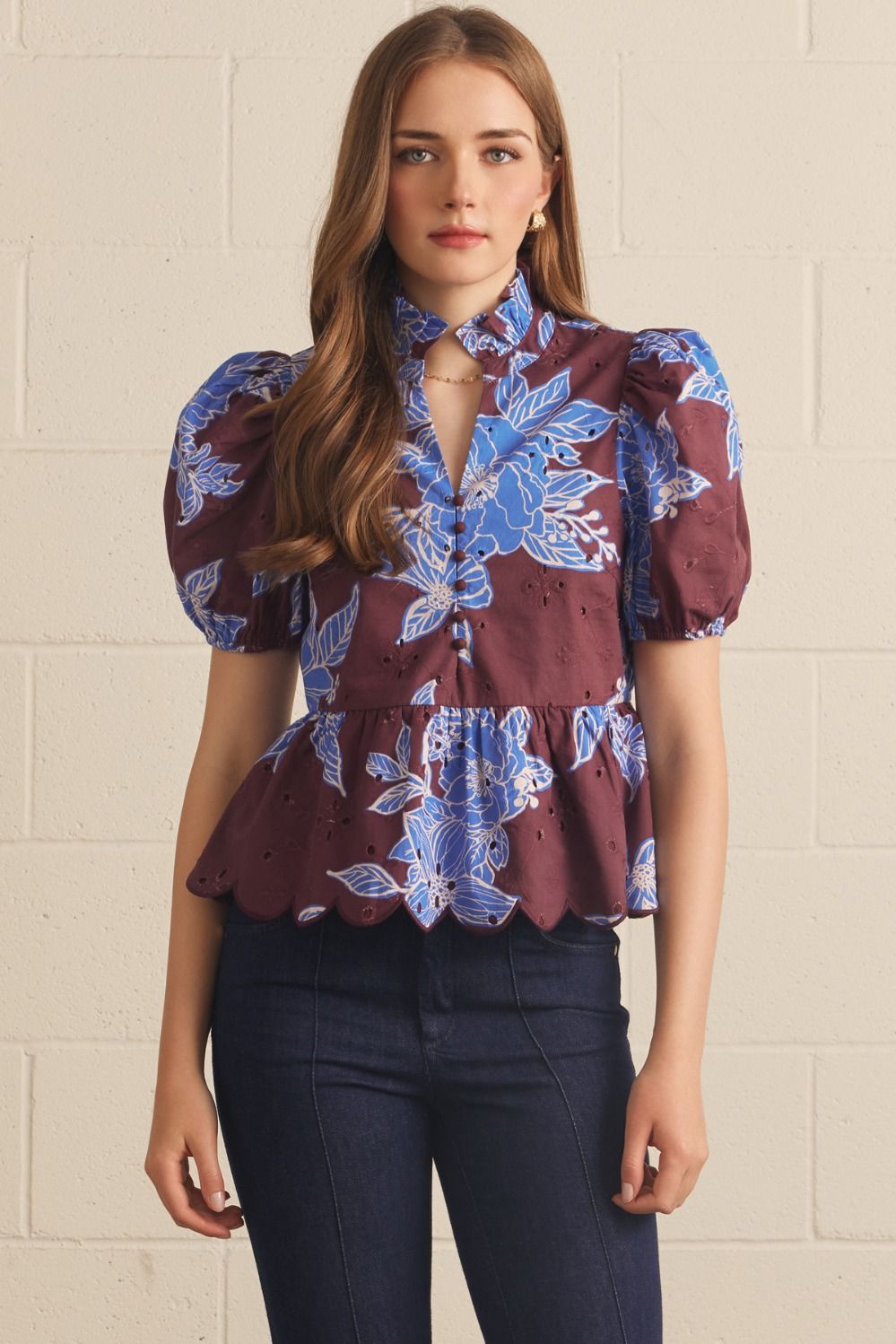 Wine Floral Eyelet Top