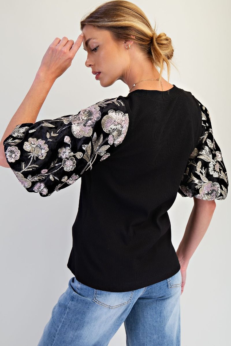 Black Sequin Puff Sleeve