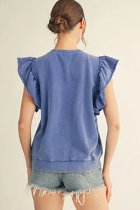 Blue Flutter Sleeve Washed Top
