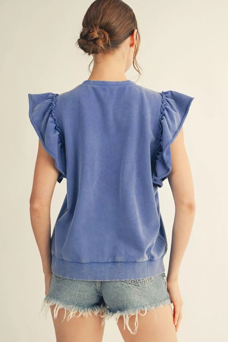 Blue Flutter Sleeve Washed Top