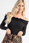 Black Ruffle Off Shoulder Bodysuit